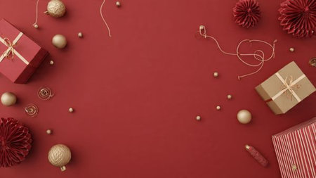 Contemporary holiday design with structured decoration placement and bold red palette.の写真素材