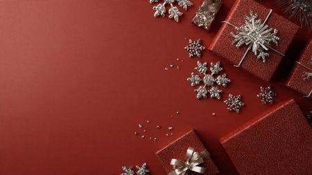 Contemporary minimal holiday layout blending red and gold in a clean, stylish composition.の写真素材