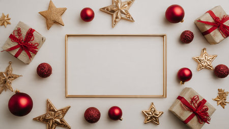 Rich red holiday look enriched by tiny golden decorative accents and minimal gift packaging.の写真素材