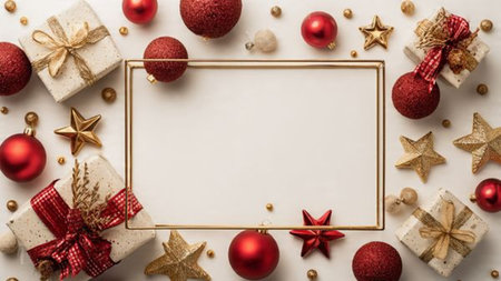 Premium red background decorated with glittering snowflakes and elegant festive boxes.の写真素材