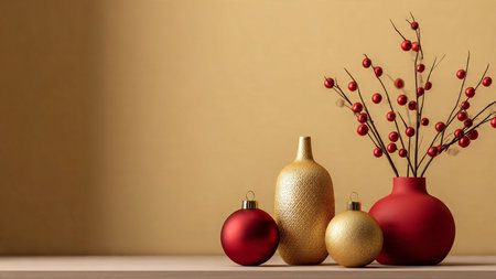 Elegant red matte flat-lay featuring twinkling snowflakes and sophisticated wrapping paper.の写真素材