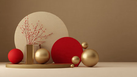 Red-dominant holiday layout accented with small golden highlights from ornaments and subtle gift box details.の写真素材