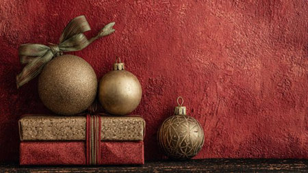 Soft red monochrome holiday mood lifted with luxurious gold ornaments.の写真素材