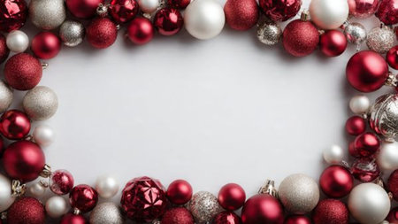 Glitter-snowflake top-view Christmas scene on matte red surface.の写真素材