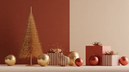 Minimalist modern holiday composition using red-and-gold elements placed with precision.の写真素材