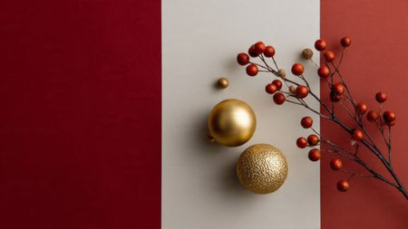 Handcrafted holiday flat-lay with artisan ornament textures and ribbon accents.