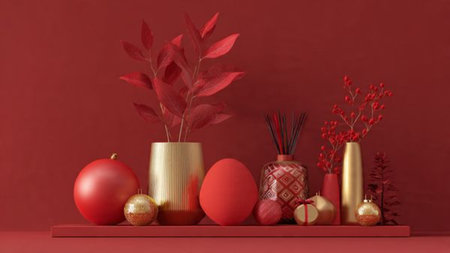 Elegant classic Christmas frame with golden stars, rich red ornaments, and hand-wrapped packages.の写真素材