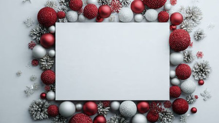 Overhead Christmas mockup with matte red backdrop and sparkling snowflake decorations.