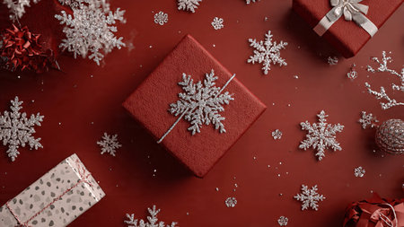 Red monochrome arrangement punctuated by refined gold ornaments and simple holiday gift wraps.の写真素材