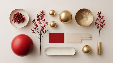 Retro festival arrangement with coarse red textures and muted gold ornaments.の写真素材
