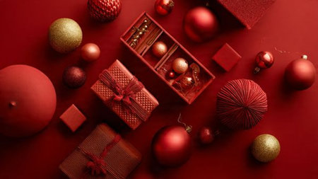 Elegant flat-lay design with matte red backdrop, glitter snowflakes, and premium holiday wrappings.の写真素材