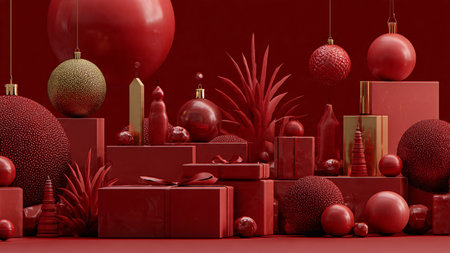 Monochrome red holiday design enhanced by soft minimal gold touches and clean gift wrapping.の写真素材