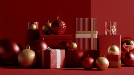 Rustic vintage holiday layout with grainy red texture, dulled golden ornaments, and handcrafted gift...
