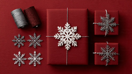 Classic golden-star holiday frame supported by glossy red decorations and neatly wrapped presents.