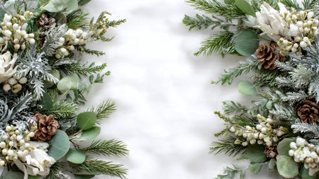 Soft textured pine border featuring golden and silver holiday pieces.の写真素材