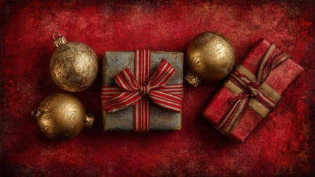 Retro holiday frame with rugged red textures and aged golden accents.
