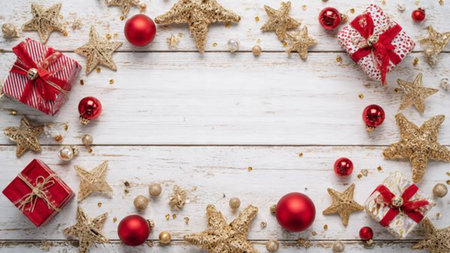 Retro festive scene with rugged red textures, tarnished gold ornaments, and rustic packaging ties.