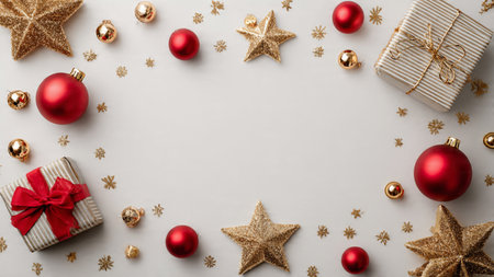 Nostalgic Christmas spread with weathered red backdrop, antique gold embellishments, and rustic...