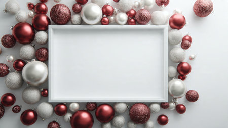 Top-view red flat-lay decorated with sparkling snowflake pieces and luxurious seasonal wrapping.の写真素材