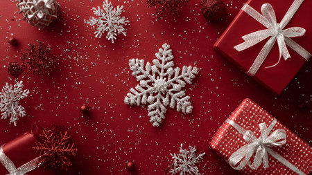 Minimal holiday border with soft glowing gold elements on a deep red surface.