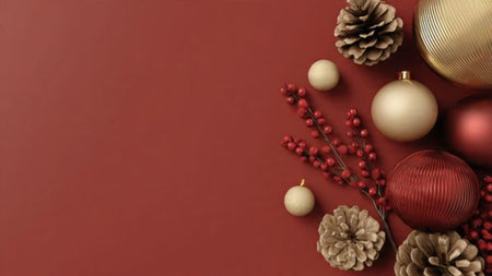 Red holiday flat-lay accented with subtle golden ornaments and minimalist gifts.の写真素材