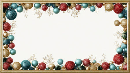 Classic red-and-gold Christmas frame surrounding neatly wrapped traditional gifts.