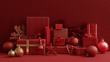 Vintage-inspired Christmas scene with distressed red tones and antique gold dの写真素材