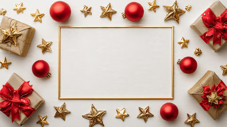 Premium Christmas top-view frame with handcrafted ornaments and luxury-style boxes.