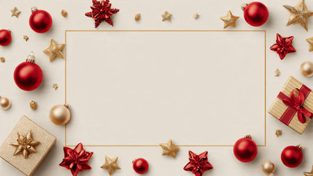 Golden stars and red decorations forming a timeless Christmas frame around elegant holiday gifts.