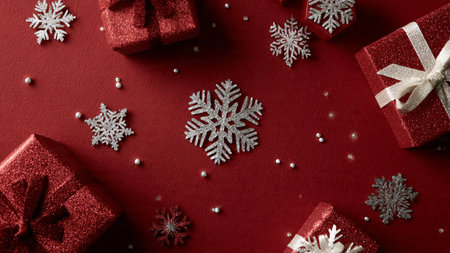 Clean commercial frame surrounded by holiday ornaments forming a crisp central display area.の写真素材