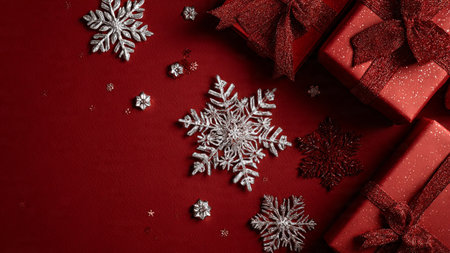 Top-down Christmas mockup with soft matte red background and shimmering snowflake accents.の写真素材