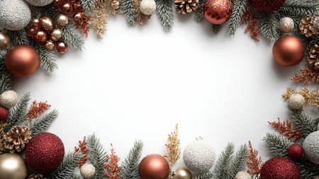 Bright holiday layout combining crisp red tones with glossy golden ornaments.