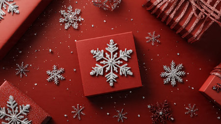 Matte red overhead design adorned with glitter snowflakes and elegantly wrapped gift sets.の写真素材