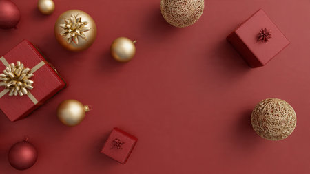 Vintage-inspired setup with old red textures, patina gold ornaments, and rough-twine gift wrapping.の写真素材