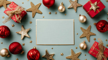 Soft red monochrome theme lifted with tiny golden highlights from ornaments and simple holiday boxes.の写真素材