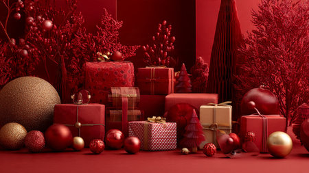 Radiant gold stars and red ornaments creating a warm traditional Christmas frame.