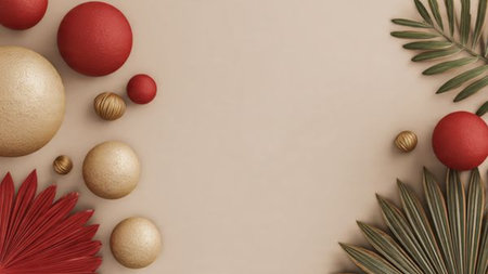 Premium Christmas top-view frame with handcrafted ornaments and luxury-style boxes.の写真素材