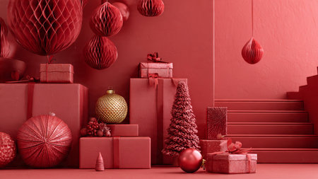 Matte holiday border using soft velvet red tones and modern ornaments.の写真素材