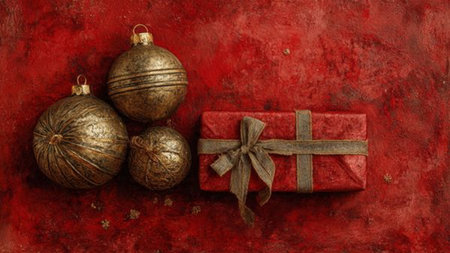 Rustic red-and-gold holiday scene with textured surfaces and handcrafted gift wrapping.