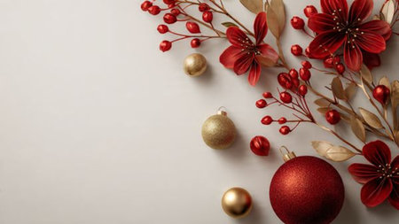 Vintage-inspired Christmas scene with distressed red tones and antique gold dの写真素材