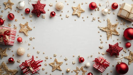 Shimmering gold stars and warm red baubles forming a festive classic border.の写真素材