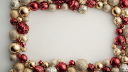 Snowflake-sparkled flat-lay shot over matte red festive texture.の写真素材