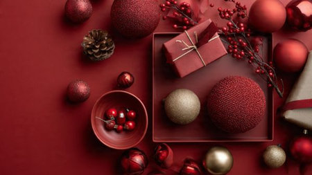 Modern red-and-gold minimal holiday aesthetic with refined simplicity.の写真素材