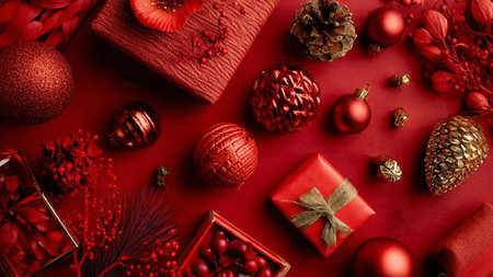 Vintage rustic design using textured red paper, old-style golden ornaments, and handmade presents.の写真素材