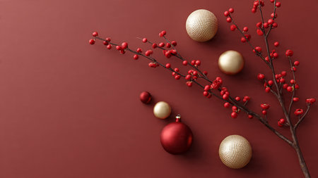 Bold red monochrome setup featuring subtle gold accents from ornaments and refined minimal gift packaging.の写真素材