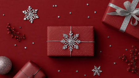 Minimalist design merging deep red surfaces with selective gold holiday accents.