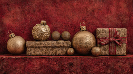 Red-toned festive design with golden accent decorations and refined minimal gift styling.