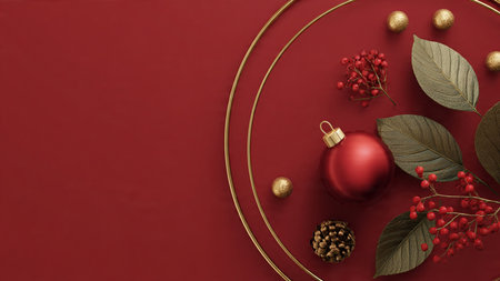 Minimal holiday aesthetic in red and gold with a clean, contemporary layout.の写真素材