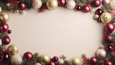 Clean Christmas frame design using ornaments to form a stylish border around an open central space.