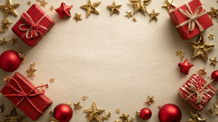 Stylish holiday mockup with controlled red-and-gold minimalist accents.の写真素材